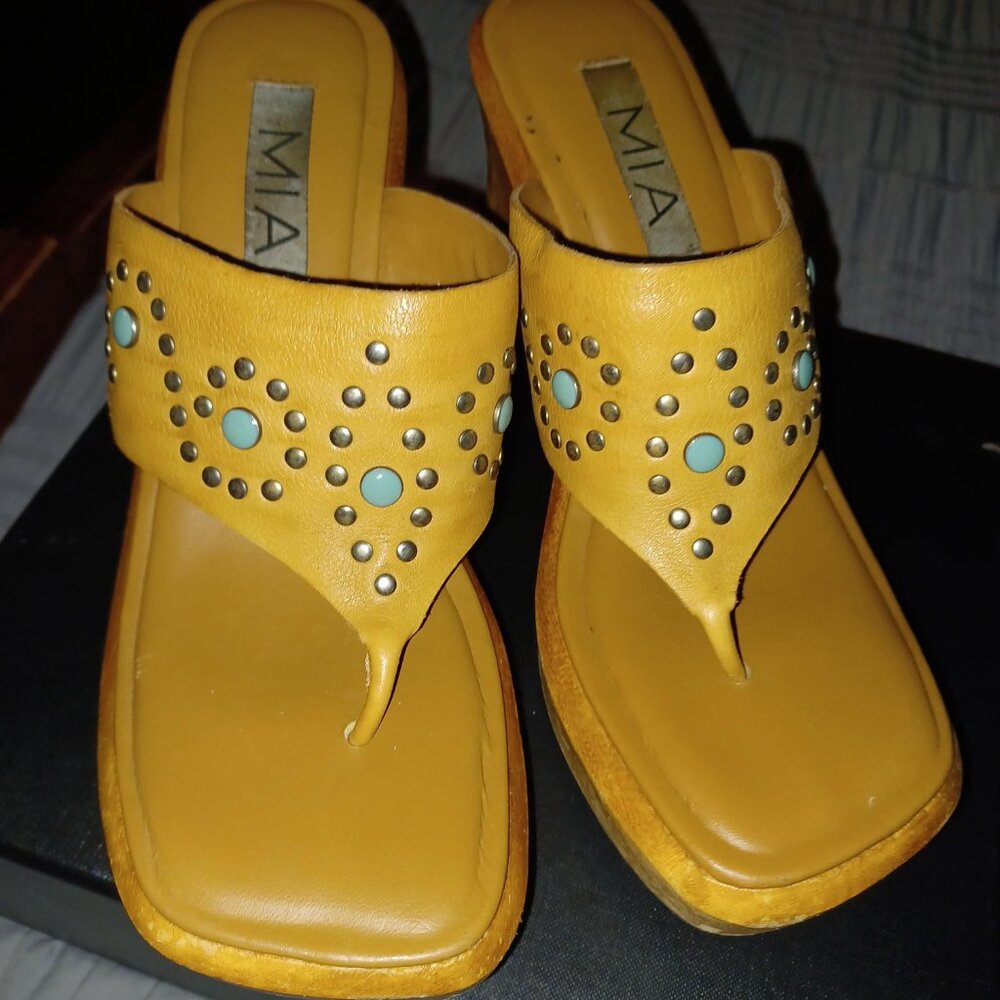 Women's MIA Yellow Studded Wedge Sandals